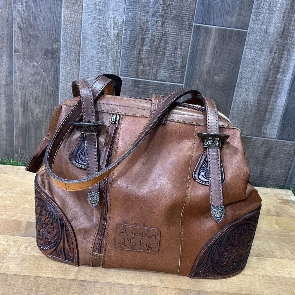 American Darling Leopard Calf Hair Leather Satchel Western Tooled Cowgirl Bag